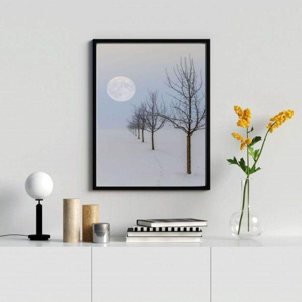 Quadro Paisagem Neve Lua 33x24cm Madeira Branca