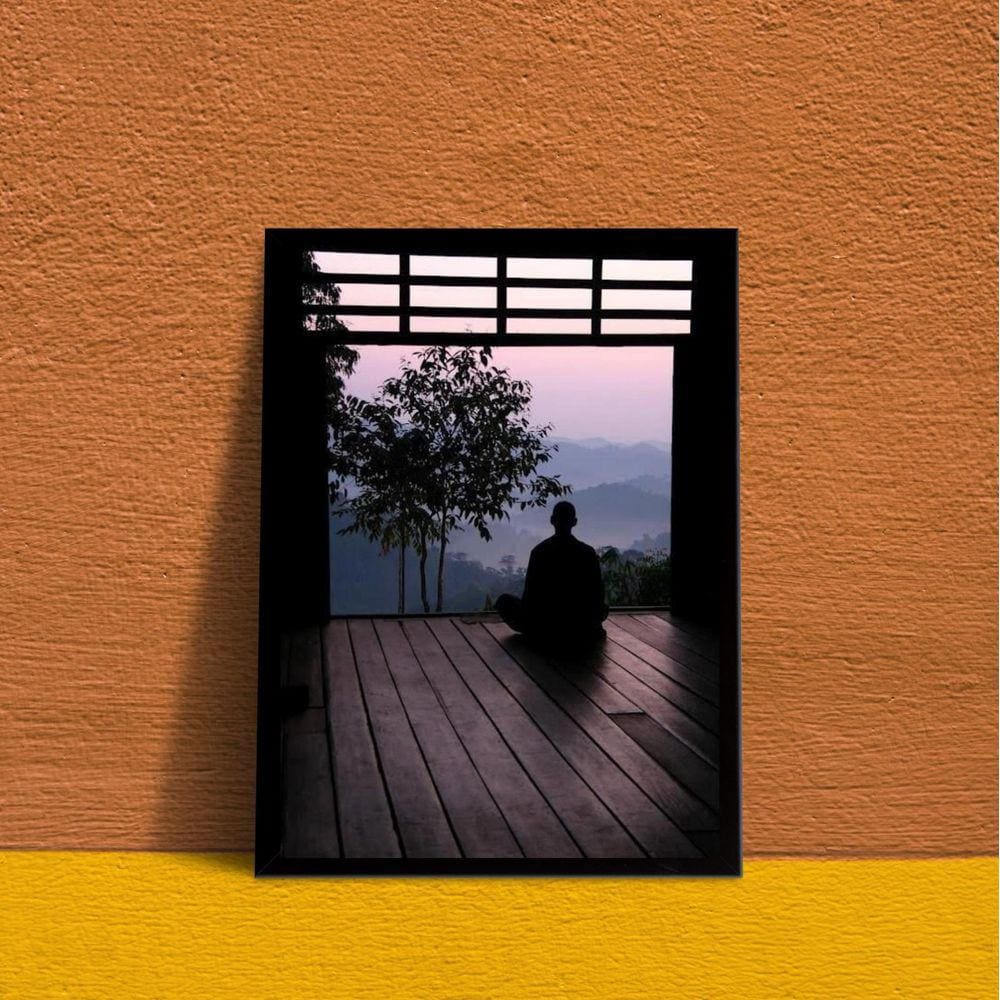 Quadro Meditação Monge 45x34cm Moldura Madeira Preta