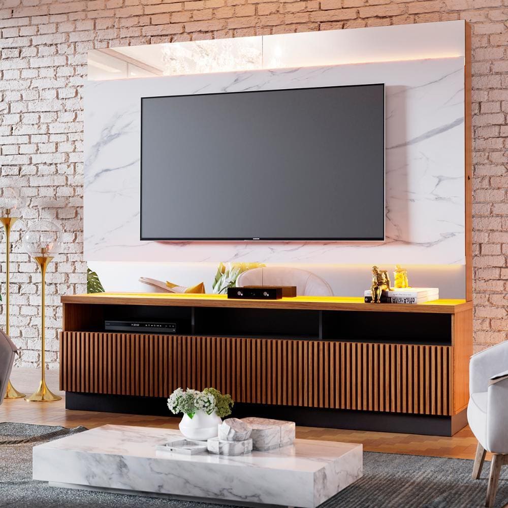 Estante Home Theater Ripado para TV até 70&quot; 3 Portas Espelho e Led Marajó