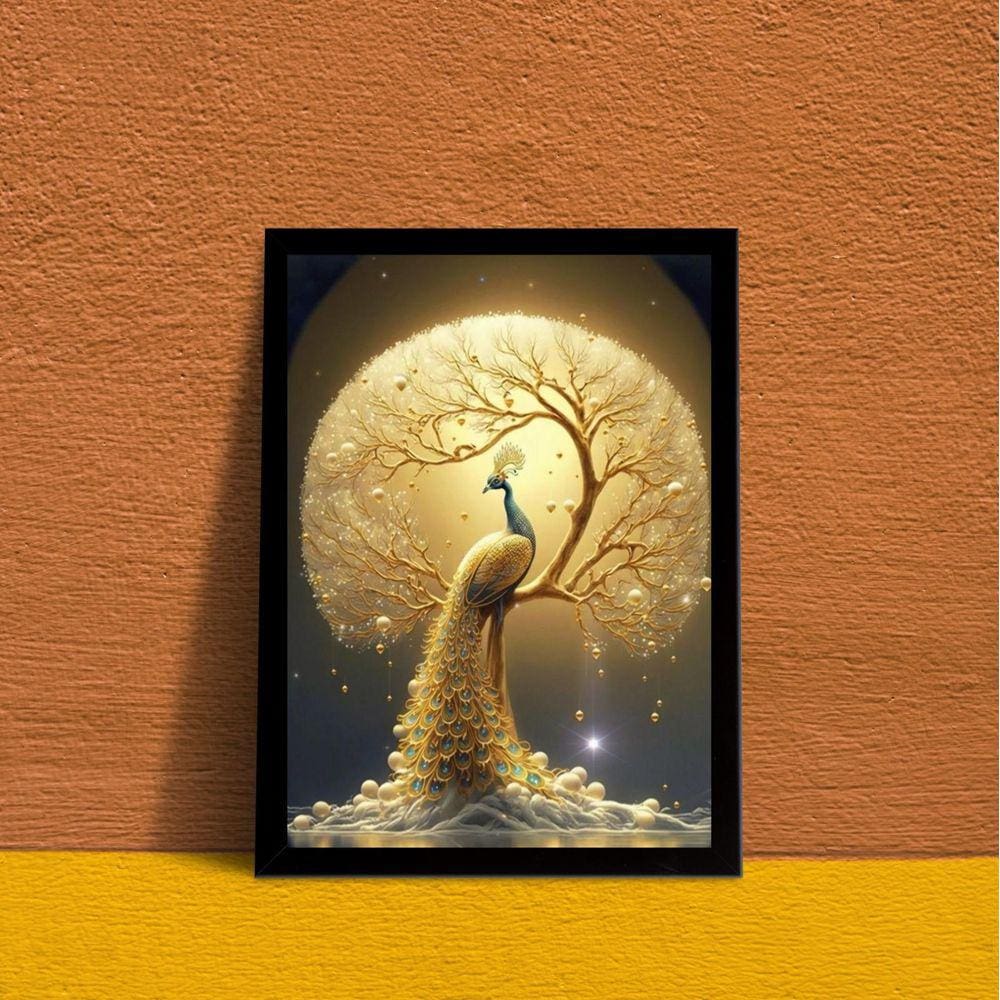 Quadro Pavão Dourado 33x24cm Moldura Preta