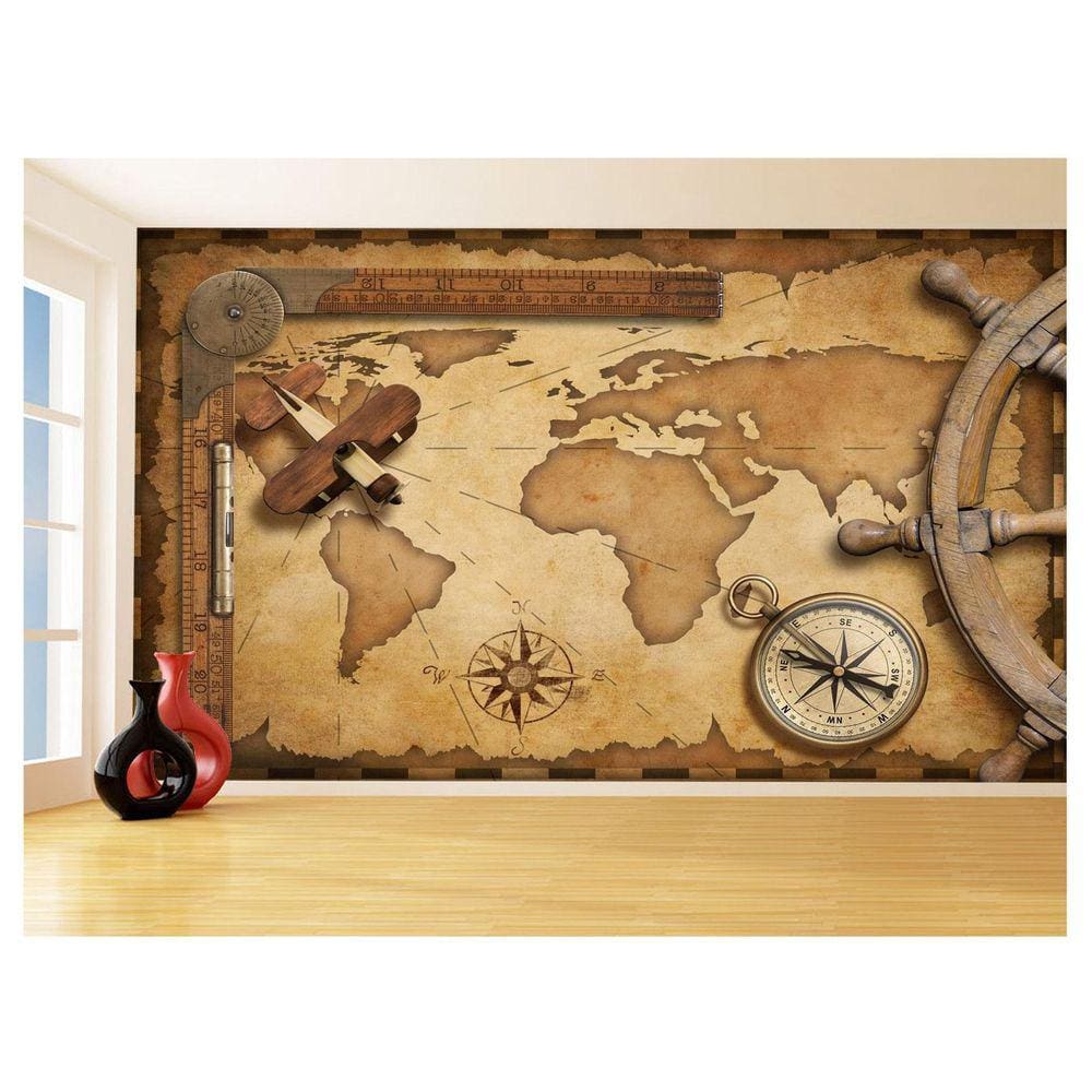Papel De Parede 3D Mapa Mundi Retrô Vintage Arte 3,5M Nmu79