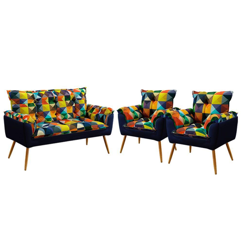 Kit Poltrona Namoradeira e 2 Poltronas Beta F-015 Sued Estampado Colorido com Veludo Aradecor
