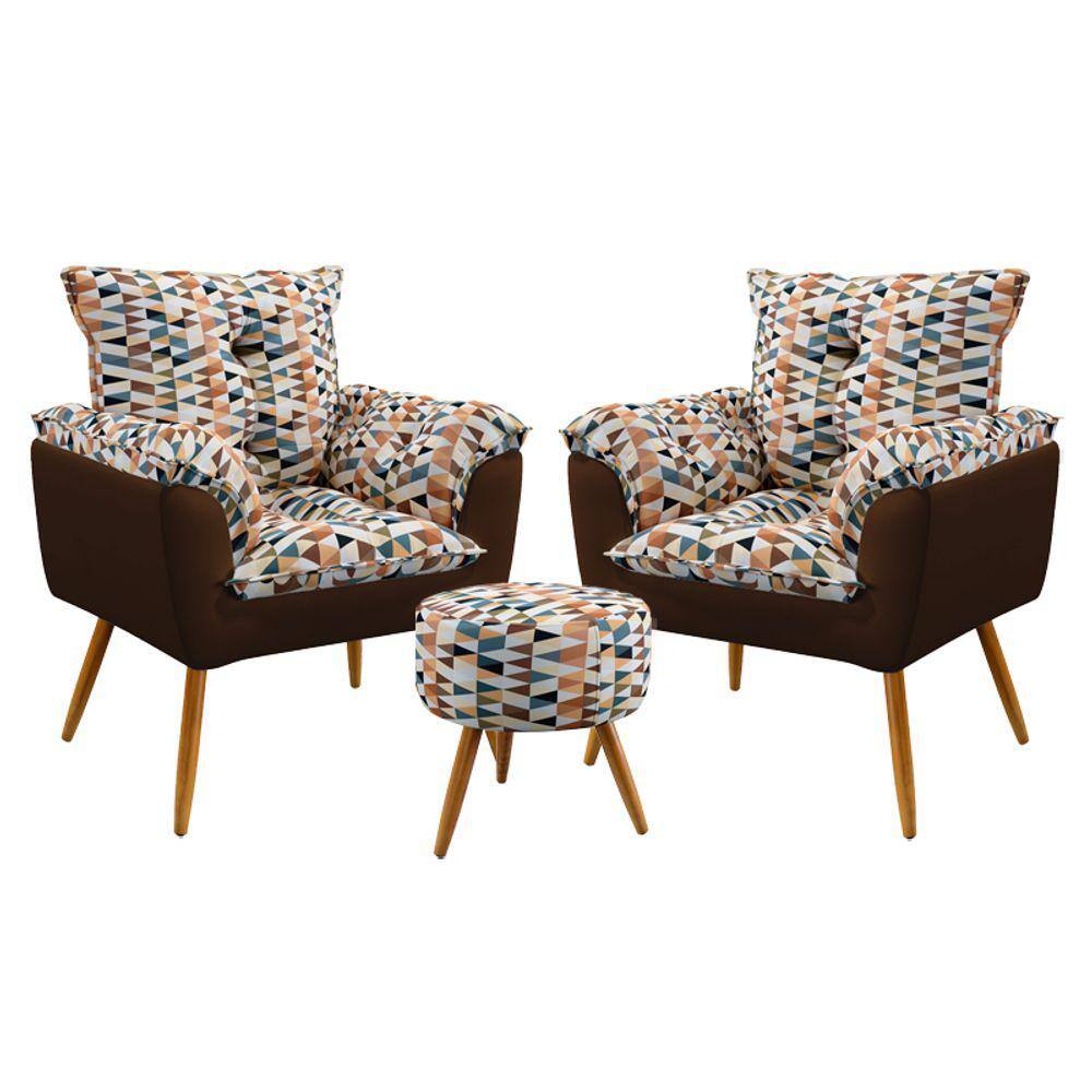 2 Poltronas Opala e Puff Solar F-014 Sued Estampado Bege com Sued Aradecor