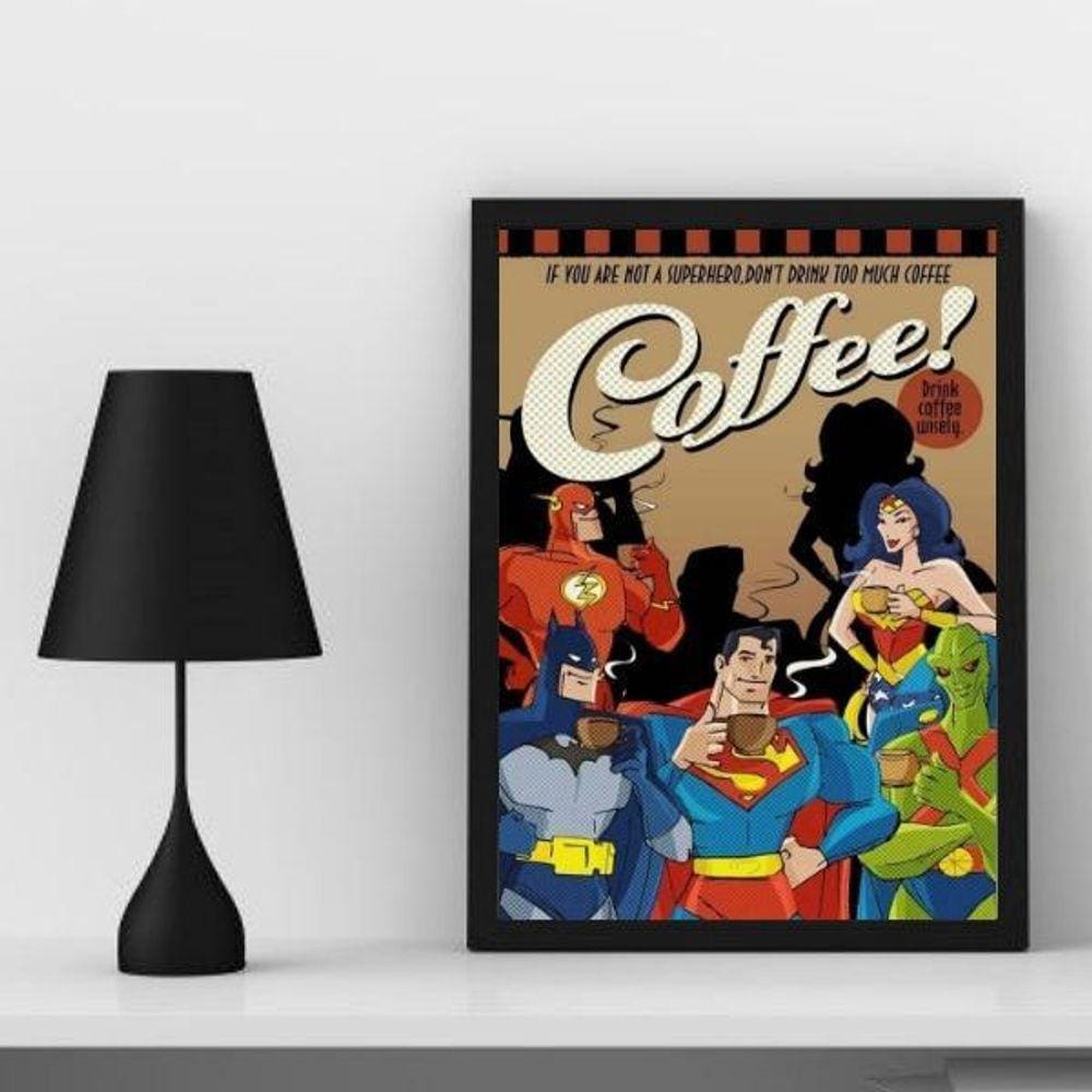 Quadro Café Super Heróis 45x34cm - Vidro e Moldura Branca