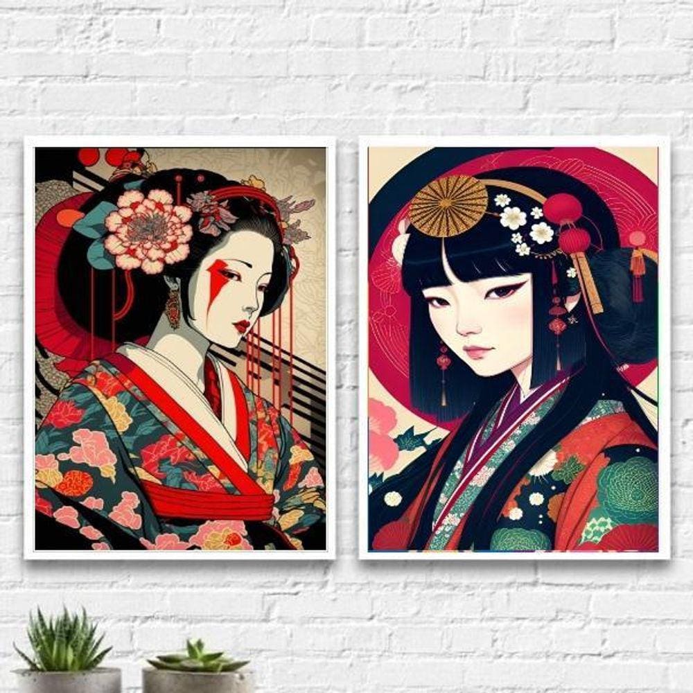 Kit 2 Quadros Arte Oriental Geishas 24X18Cm - Vidro Branca