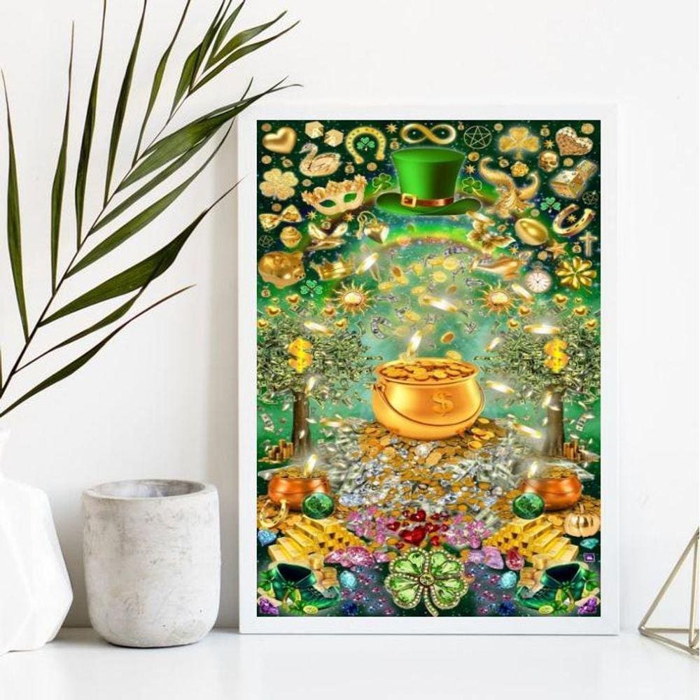 Quadro Prosperidade Pote de Ouro 45x34cm Madeira Preta