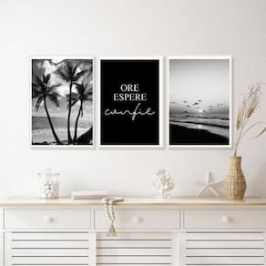 Kit 3 Quadros Praia Preto E Branco Ore Espere Confie 24X18Cm