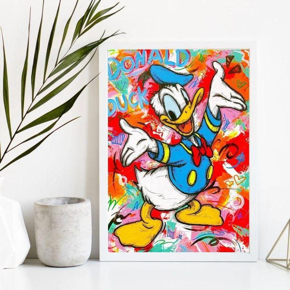 Quadro Decorativo Pato Donald 24x18cm, Moldura Branca