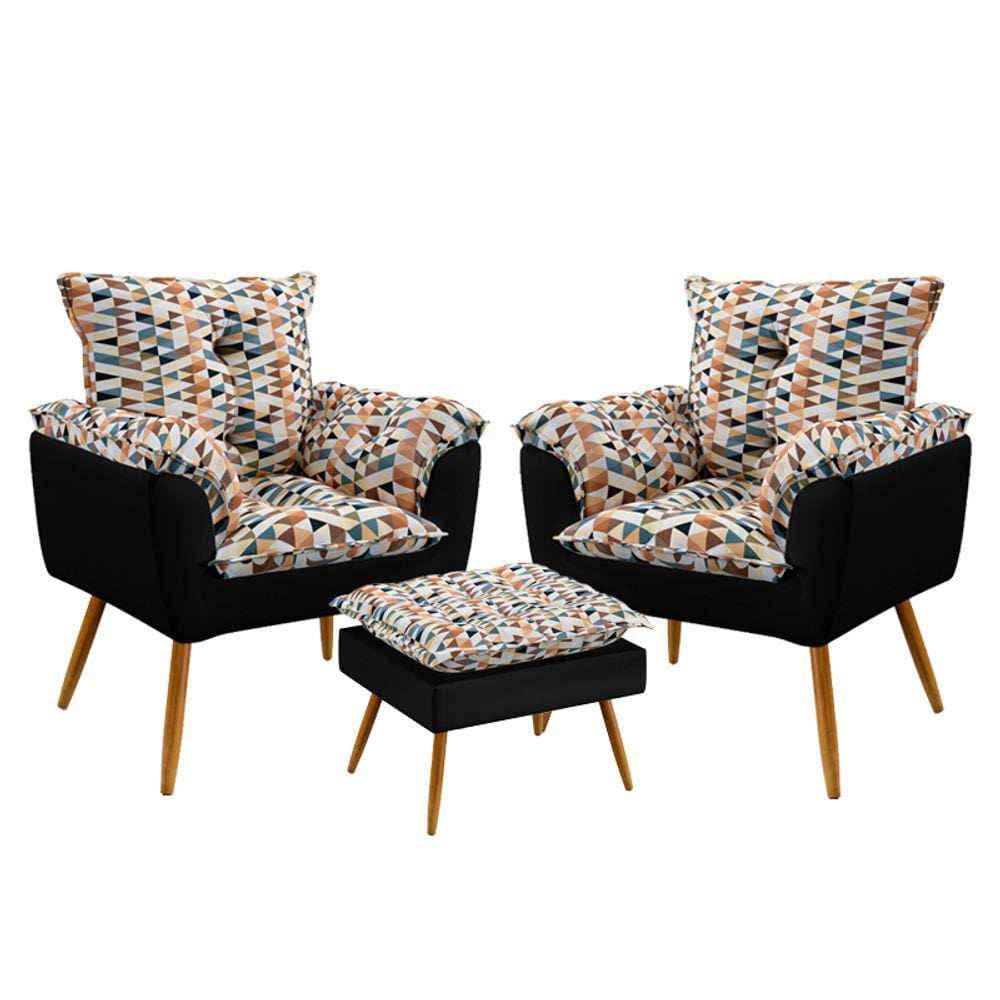 Kit 2 Poltronas Beta e Puff Lunar F-014 Sued Estampado Bege com Sued Aradecor