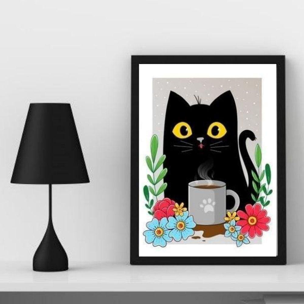 Quadro Gato com Caneca de Café 45x34cm - Moldura Preta
