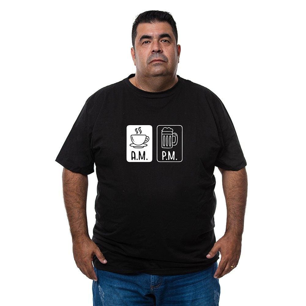 Camiseta Masculina Plus Size Algodao Manga Curta Estampa AM PM Com Abridor De Garrafas Integrado