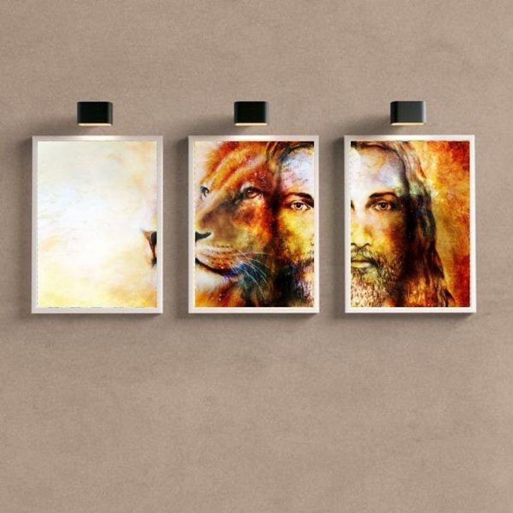 Kit 3 Quadros Decorativos Jesus e Leão 45x34cm