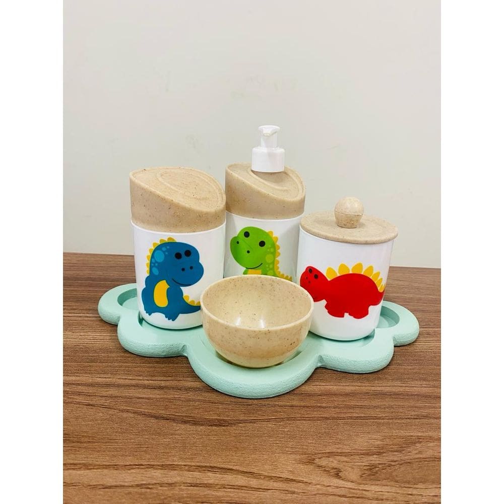 Kit Higiene Dino Baby Madeira C/Bandeja Nuvem Verde