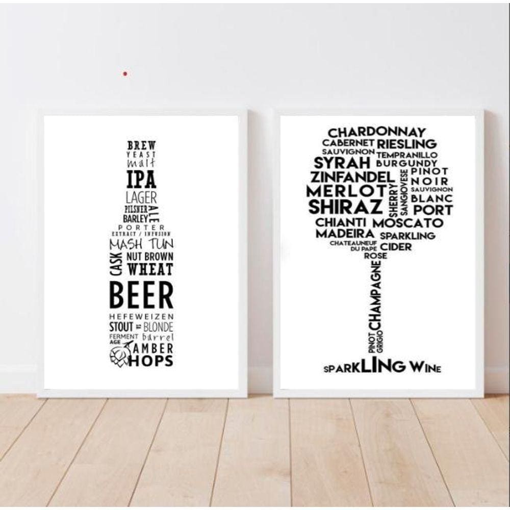 Quadros Cerveja e Vinho 33x24cm - Vidro e Moldura Branca