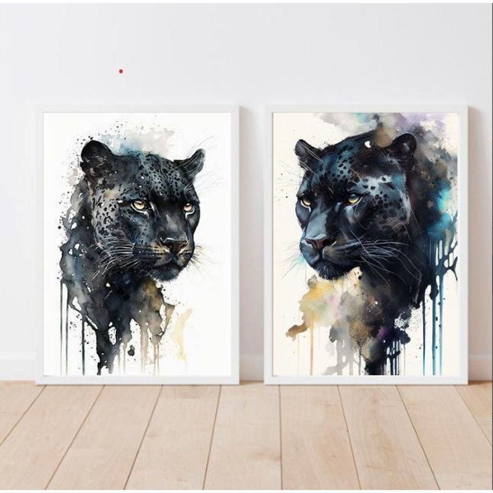 Quadros Pantera Negra Aquarela 24x18cm - Madeira Branca