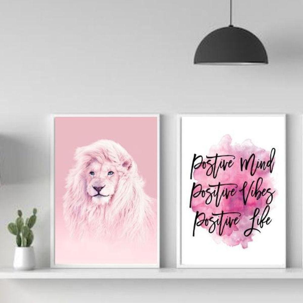 Kit 2 Quadros Leão Rosa - Vibes Positivas 33x24cm