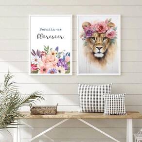 Kit 2 Quadros Leoa Florescer 45x34cm - Vidro Branco