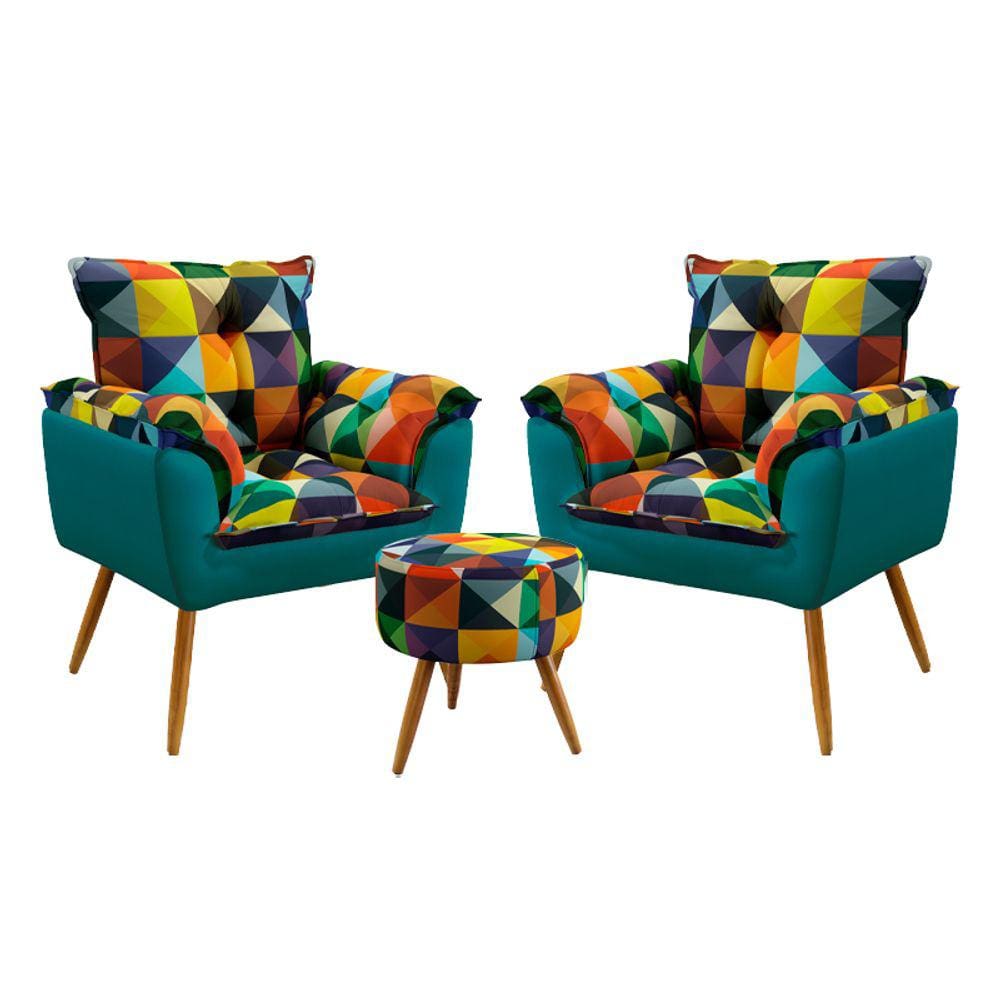 2 Poltronas Opala e Puff Solar F-015 Sued Estampado Colorido com Sued Aradecor