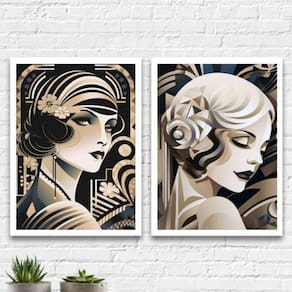 Kit 2 Quadros Mulheres Art Deco 24x18cm - Madeira Preta