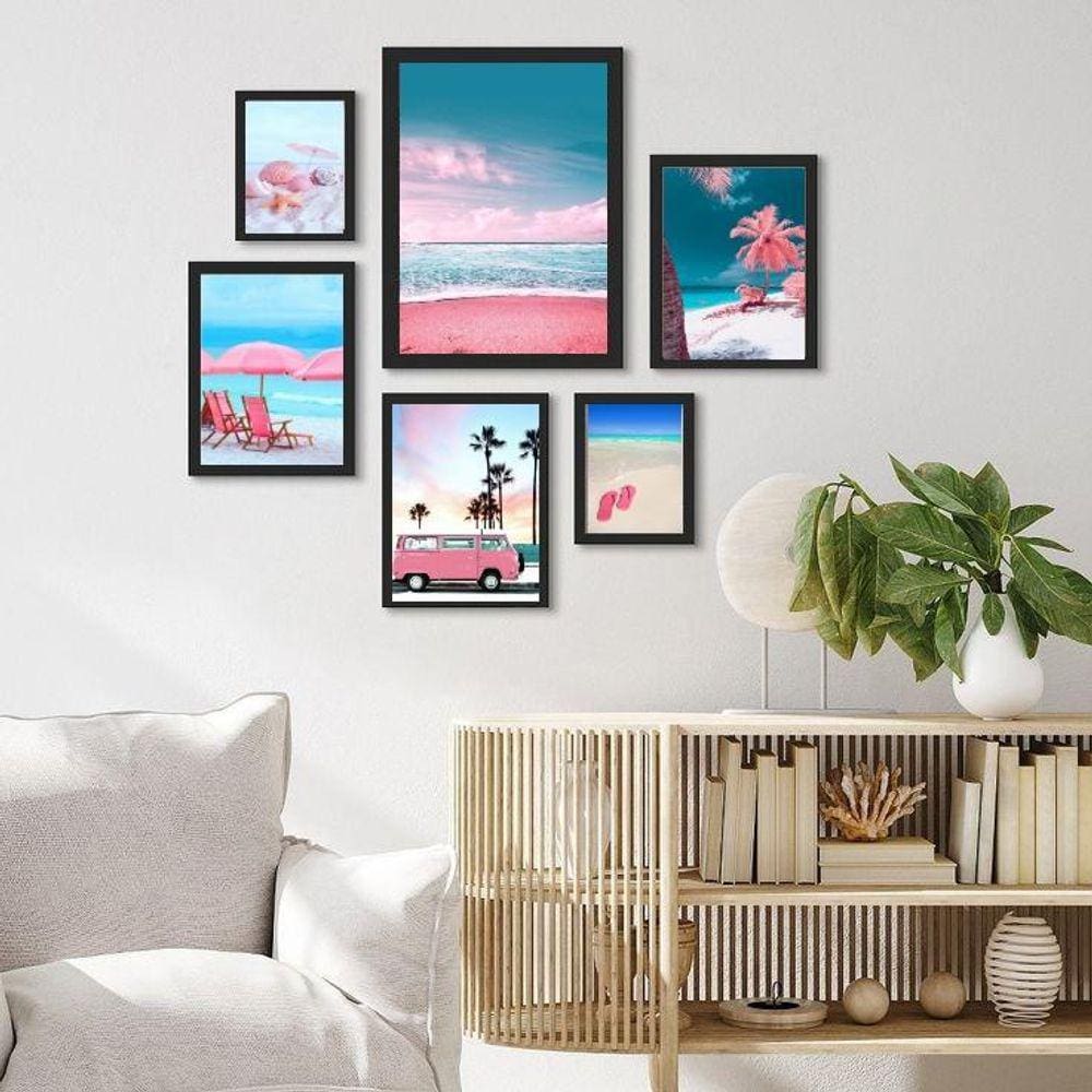 Kit 6 Quadros Praia Azul e Rosa com Vidro - Moldura Branca