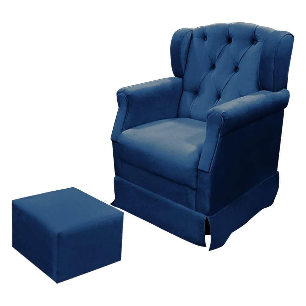 Poltrona Cadeira de Amamentação Balanço e Puff Ternura Veludo Azul Speciale Home