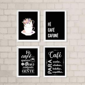 Kit 4 Quadros Cantinho do Café Preto 45x34cm c/ Vidro