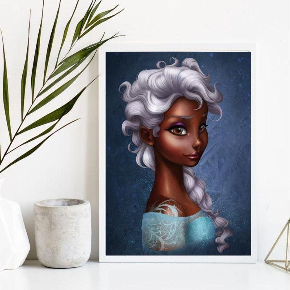 Quadro Princesa Elsa Negra 24x18cm - Moldura Branca