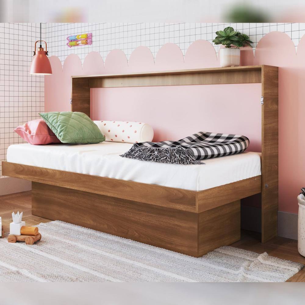 Mini Cama Articulável Horizontal Solteiro com Mesa de Estudo Young Nogal