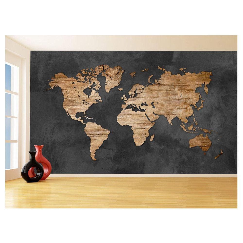 Papel De Parede 3D Mapa Mundi Madeira Concreto 3,5M Nmu49
