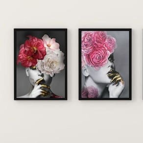 Kit 2 Quadros Mulher e Flores 24x18cm - Moldura Preta