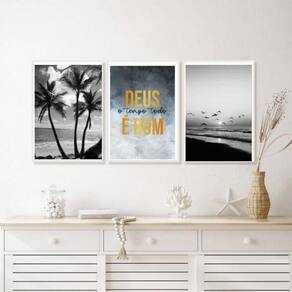 Kit 3 Quadros Praia Deus É Bom Preto E Branco 24X18Cm