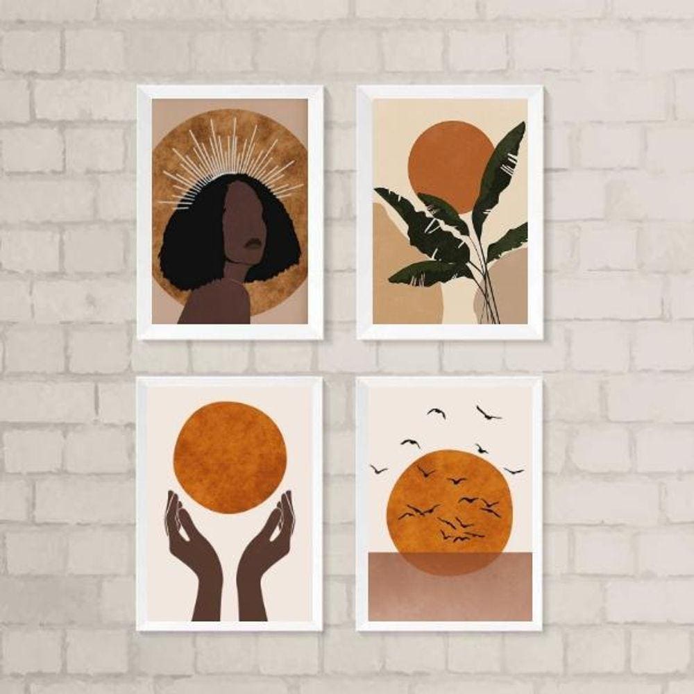 Kit 4 Quadros Boho Mulher e Lua 24x18cm - Moldura Preta