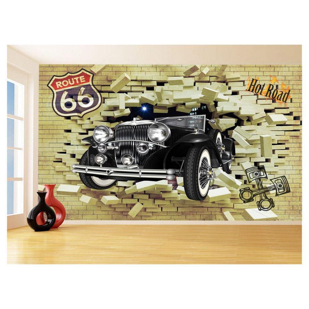 Papel De Parede Carro Antigo Saindo Da Parede 3,5M Cxr103