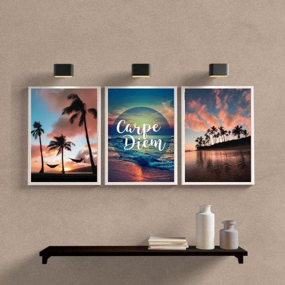 Quadros Praia por do Sol Carpe Diem 24x18cm - Madeira Preta