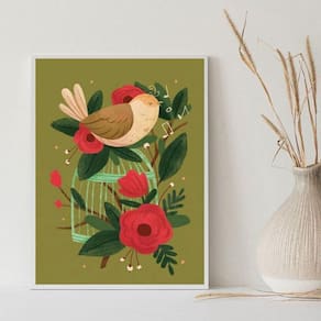 Quadro Decorativo Retrô Passarinho Cantando 45X34Cm - Vidro