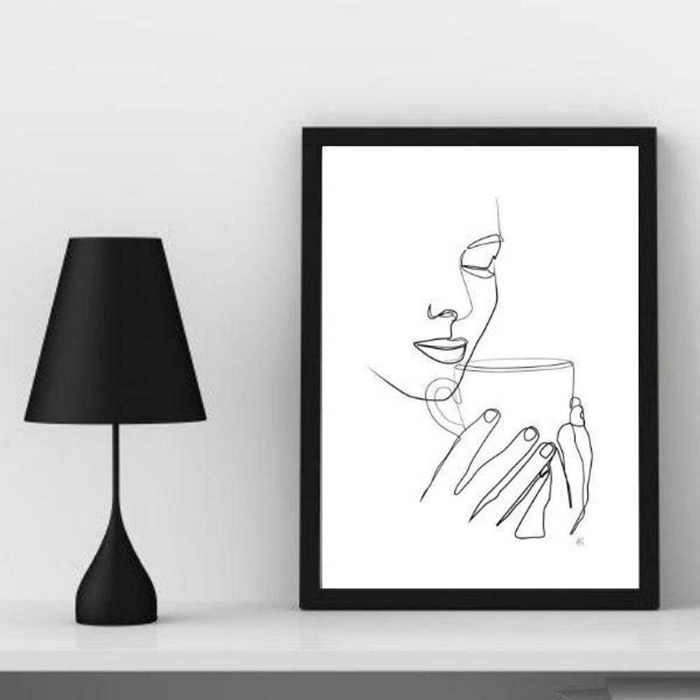 Quadro Minimalista Mulher Bebendo Café 24x18cm - com Vidro
