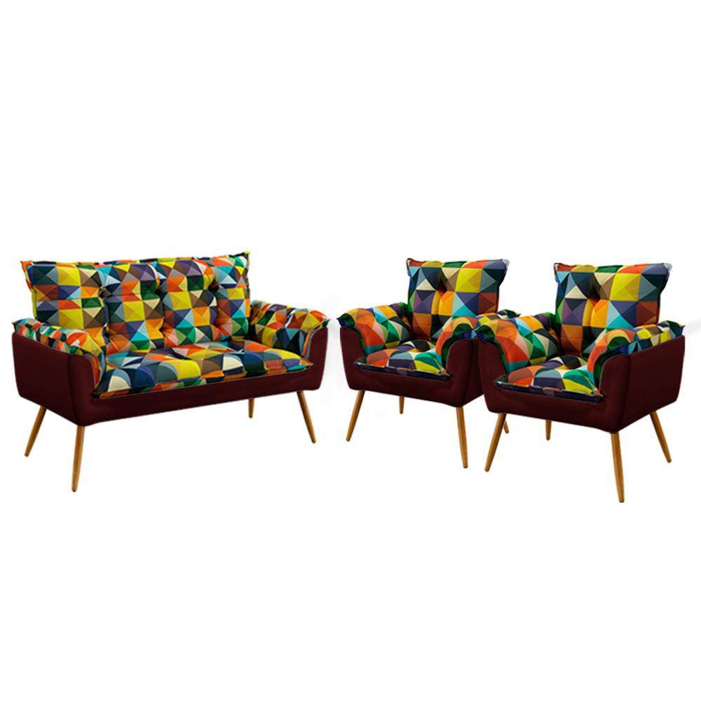 Poltrona Namoradeira e 2 Poltronas Opala F-015 Sued Estampado Colorido com Veludo Aradecor