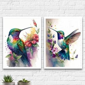 Kit 2 Quadros Beija-flor Aquarela - Moldura Preta