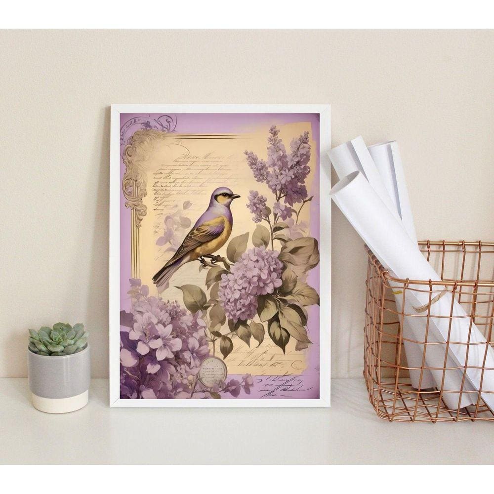 Quadro Decorativo Passarinho Lilás 45x34cm - Madeira Branca