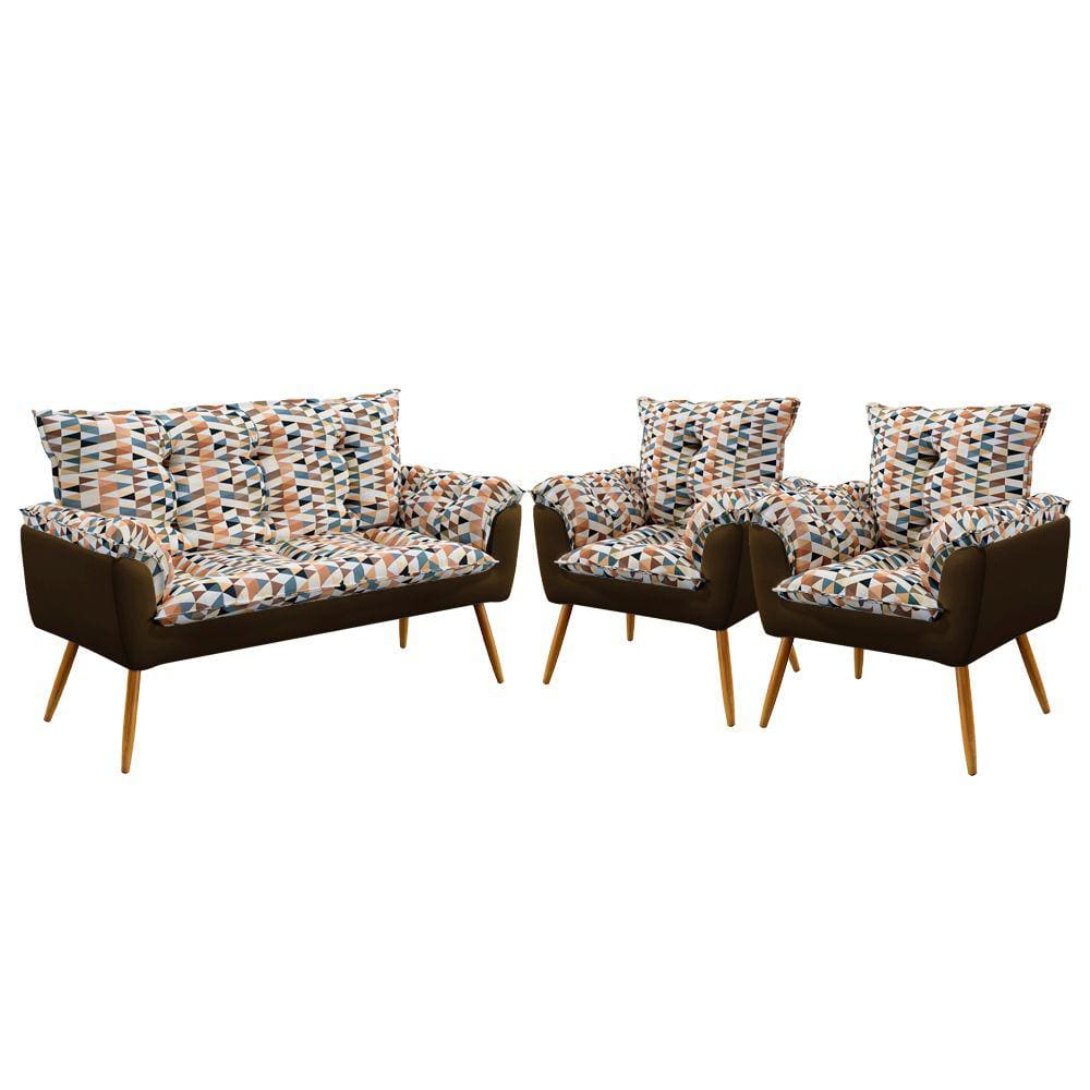 Poltrona Namoradeira e 2 Poltronas Opala F-014 Sued Estampado Bege com Veludo Aradecor
