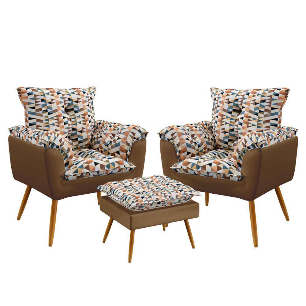 2 Poltronas Opala e Puff Lunar F-014 Sued Estampado Bege com Sued Aradecor