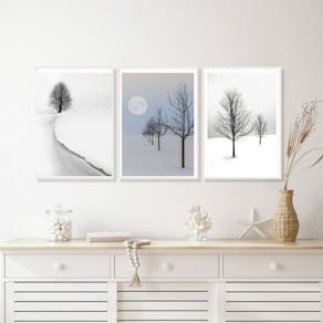 Kit 3 Quadros Paisagens Neve-Árvores 33x24cm - Madeira Preta