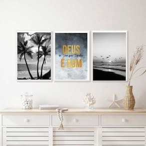 Kit 3 Quadros Praia Deus É Bom Preto E Branco 33X24Cm Vidro