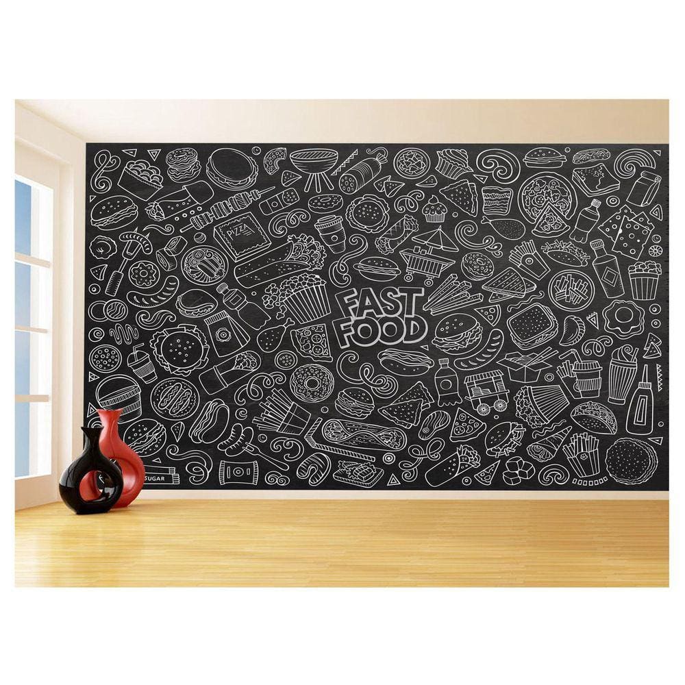 Papel De Parede 3D Estilo Lousa Lanches Comidas 3,5M Lcb34