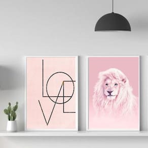 Kit 2 Quadros Decorativos Leão Rosa Love 45x34cm - Pretos