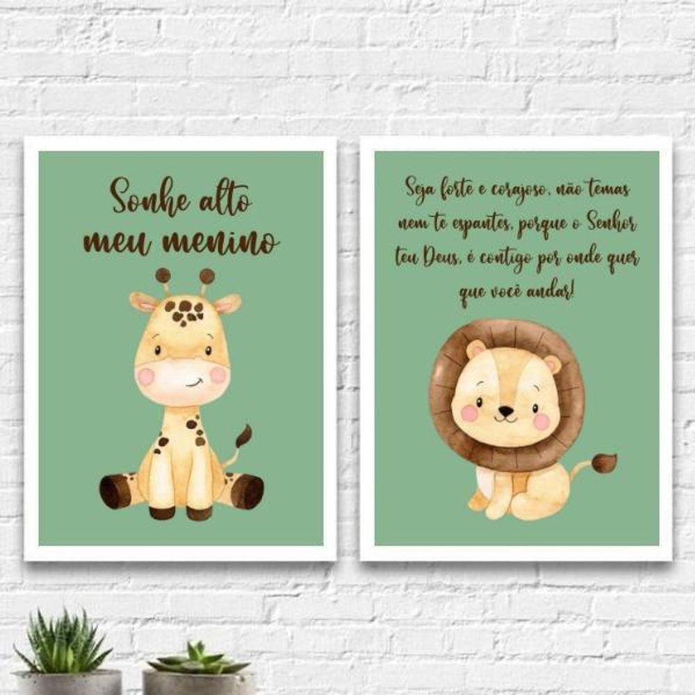 Kit 2 Quadros Infantil Tema Safari Sonhe Alto 24X18Cm Branca