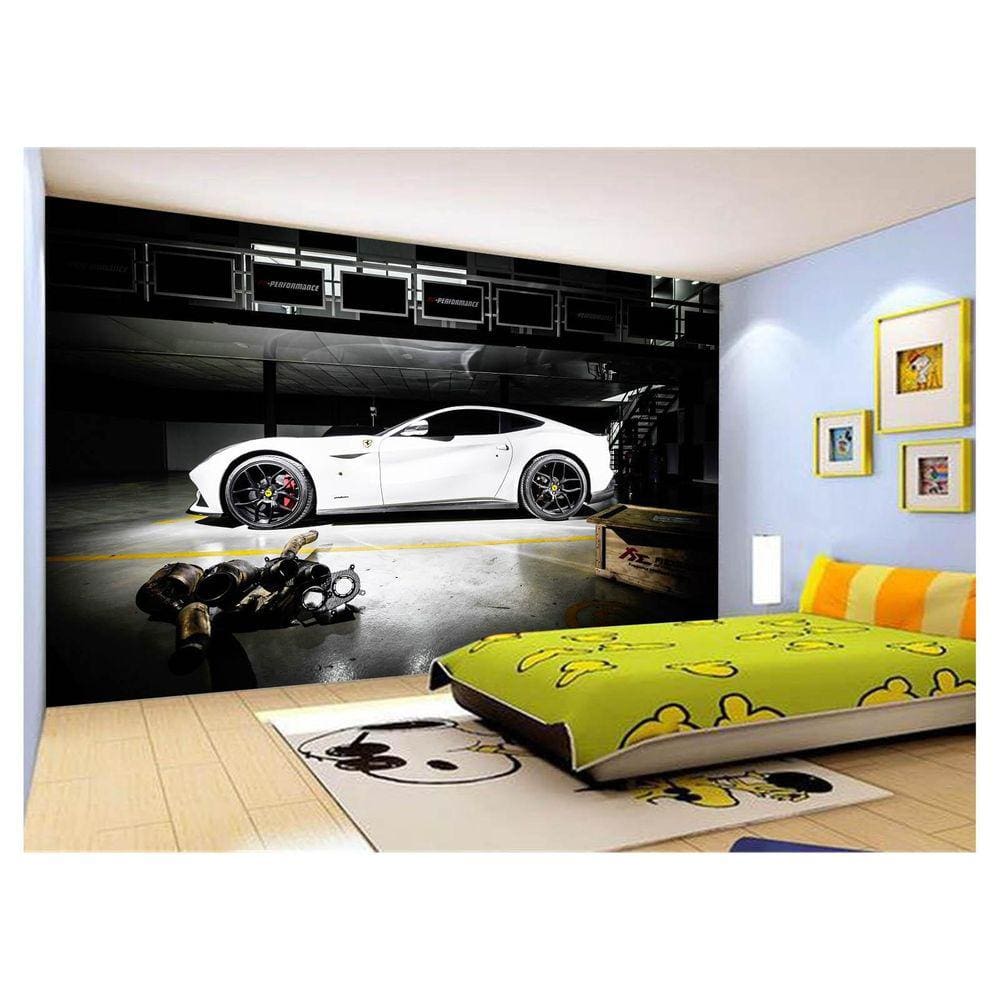 Papel De Parede 3D Carro Ferrari Branca Garagem 3,5M Car104