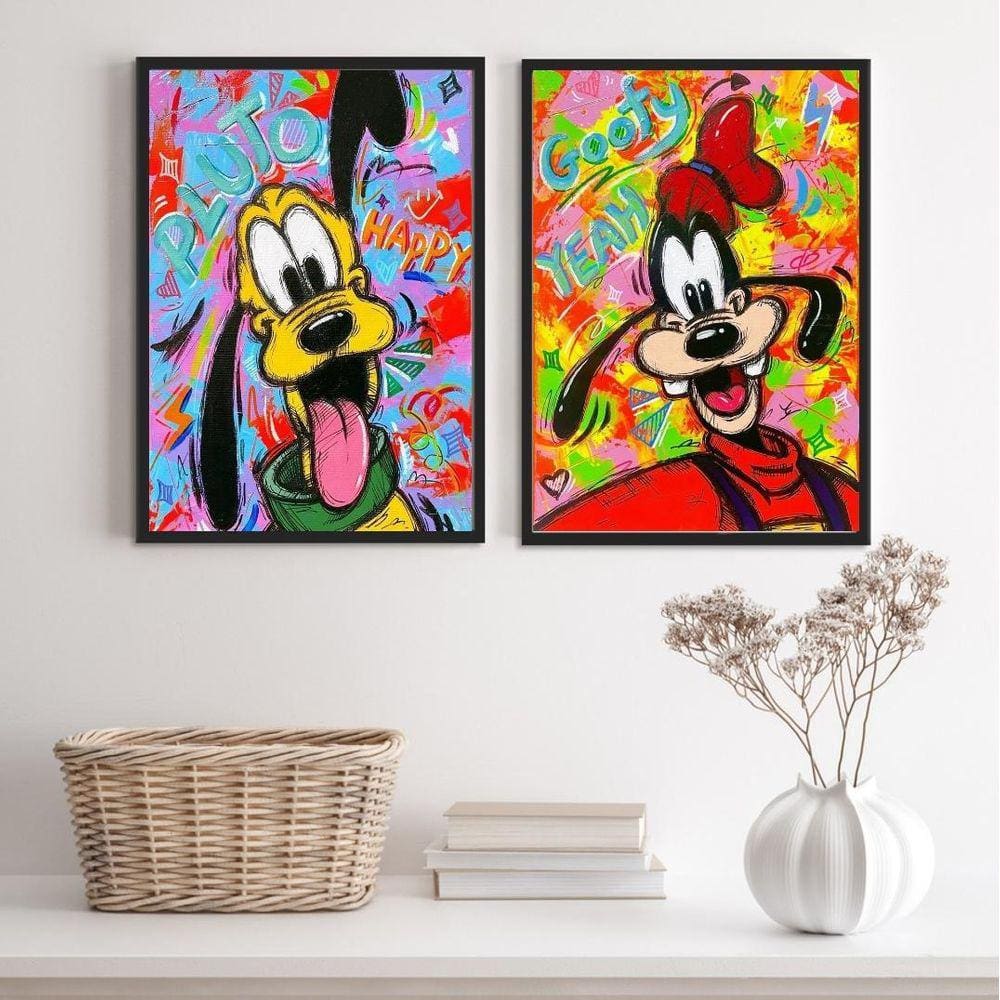 Kit 2 Quadros Decorativos Grafite Pluto Pateta 33x24cm - Vidro e Moldura Preta