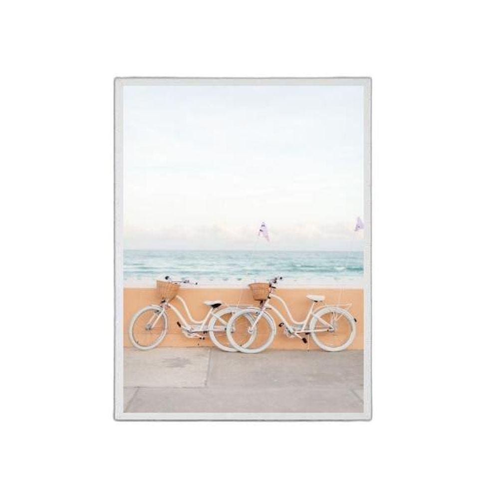 Quadro Fotografia Praia Bicicletas 33X24Cm Madeira Preta
