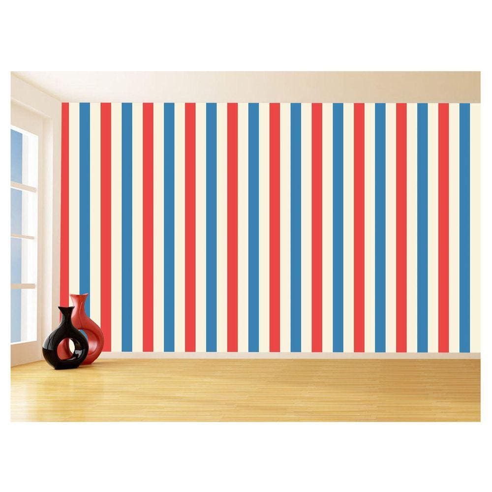 Papel De Parede 3D Listras Vermelho Bege Azul 3,5M Lst47